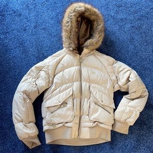 Beige J-Lo puffy jacket with faux fur hood